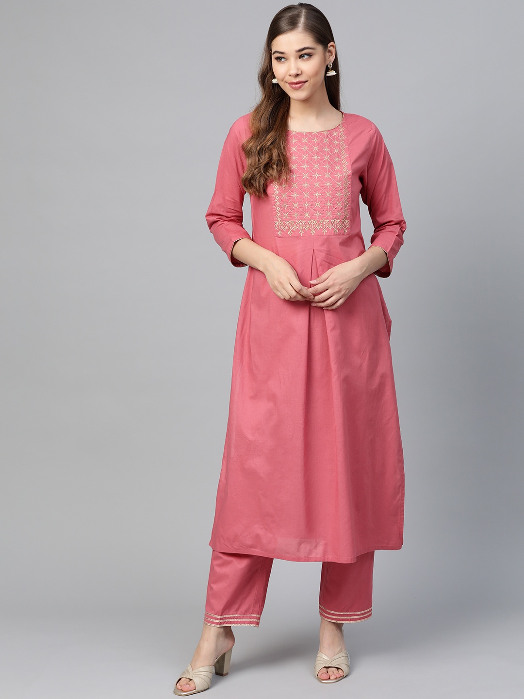 

Shae by SASSAFRAS Women Pink & Golden Zari Yoke Design Kurta with Trousers