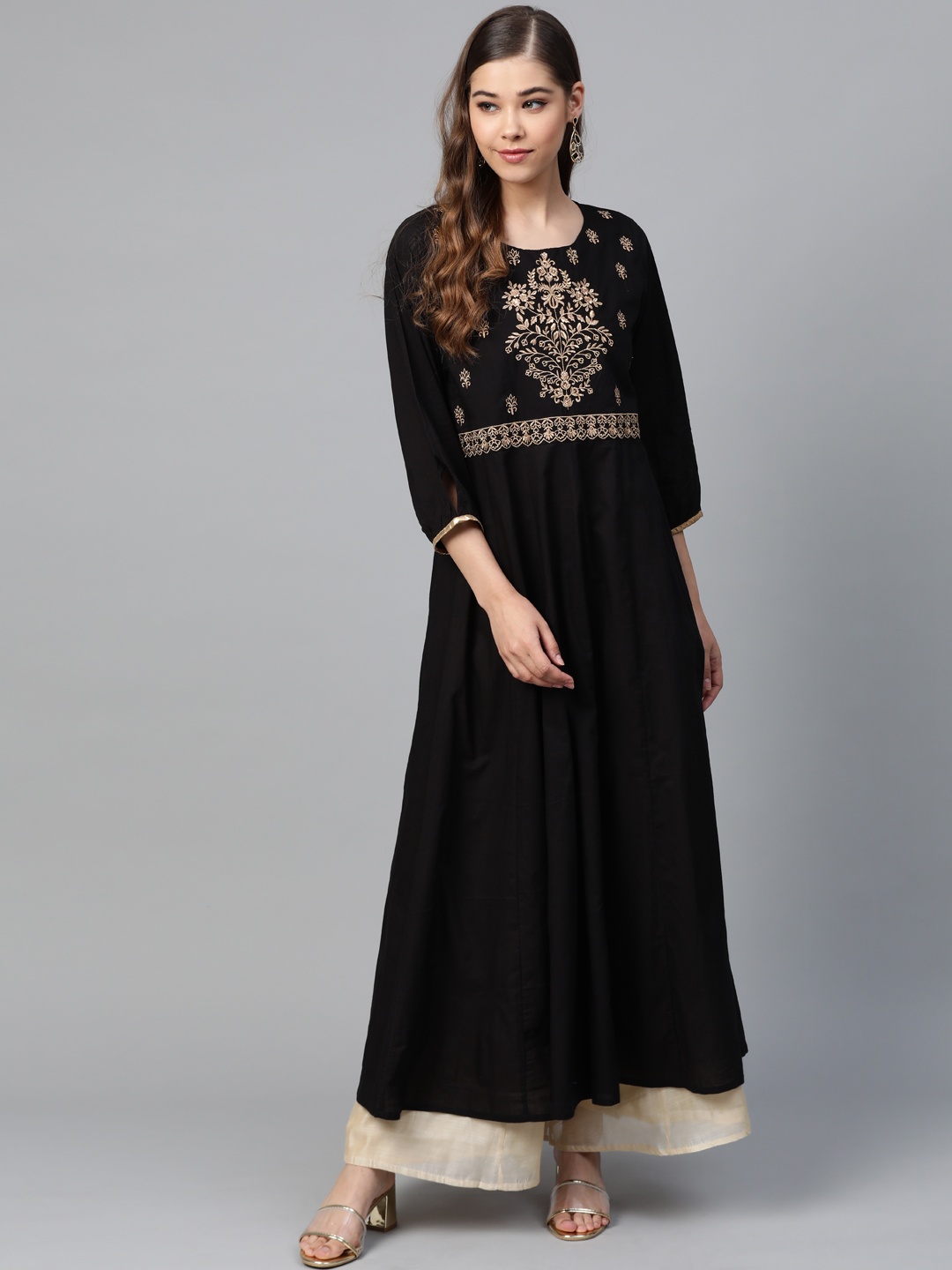 

Shae by SASSAFRAS Women Black & Golden Zari Yoke Design Anarkali Kurta