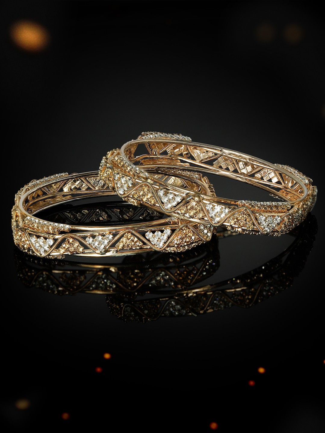 

Rubans Set of 2 Gold-Plated & White CZ-Studded Handcrafted Bangles
