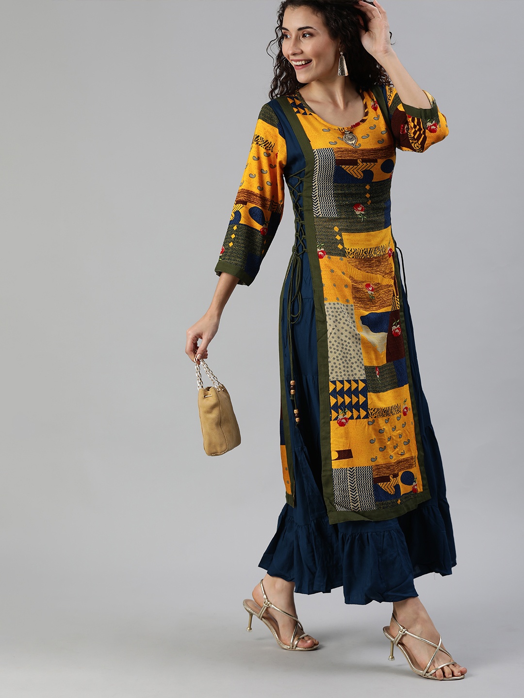 

Ishin Women Yellow & Navy Blue Printed Layered A-Line Kurta with Tie-Up Detailing