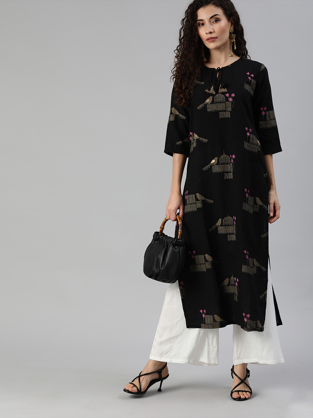 

Ishin Conversational Printed Tie-Up Neck Thread-Work Detailed Straight Kurta, Black