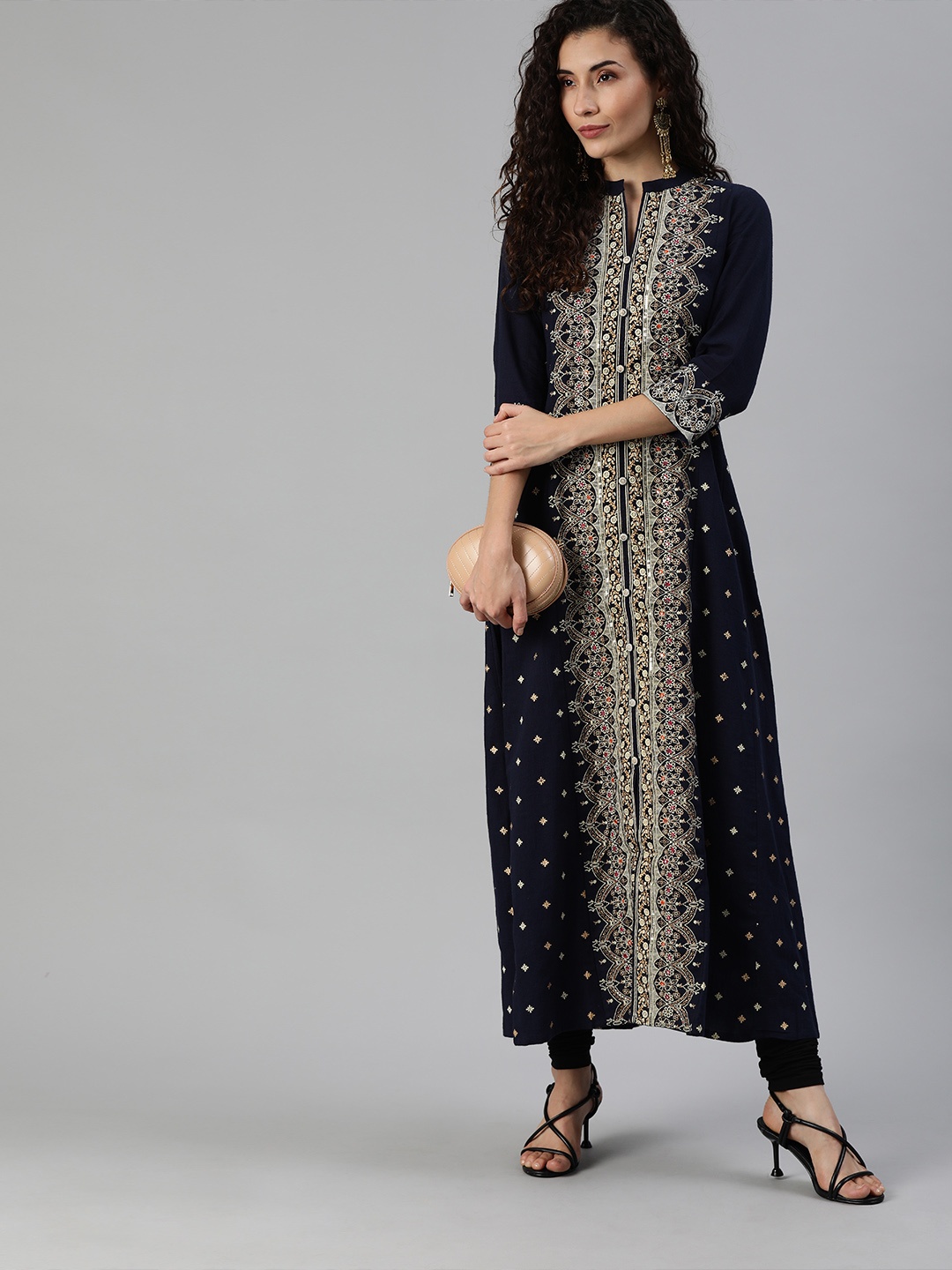 

Ishin Women Navy Blue & Off-White Printed A-Line Kurta with Mirror Work