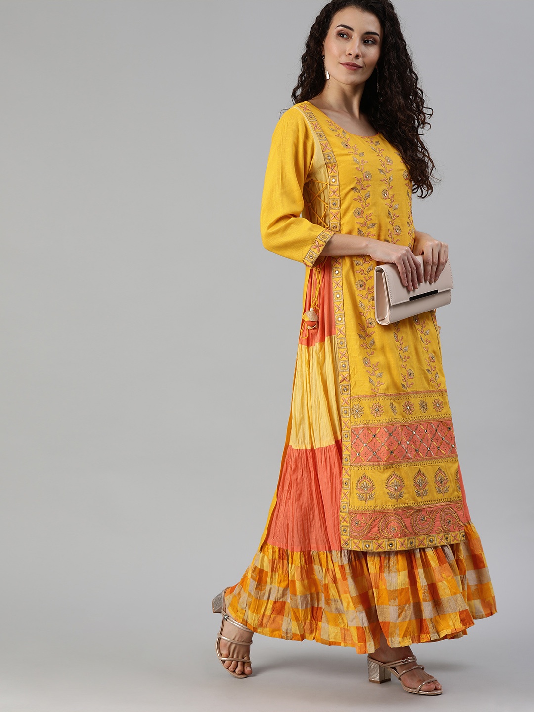 

Ishin Women Yellow Embroidered Layered A-Line Kurta with Tie-Up Detailing