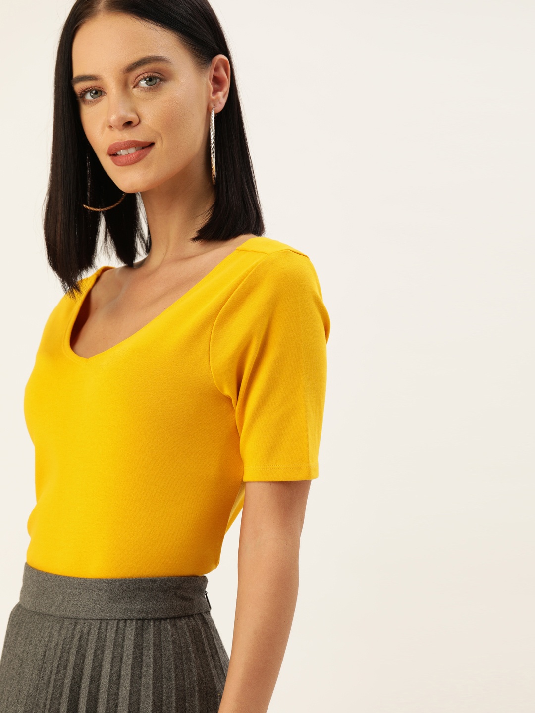 

Moda Rapido Women Mustard Yellow Solid Scoop Neck Pure Cotton Top