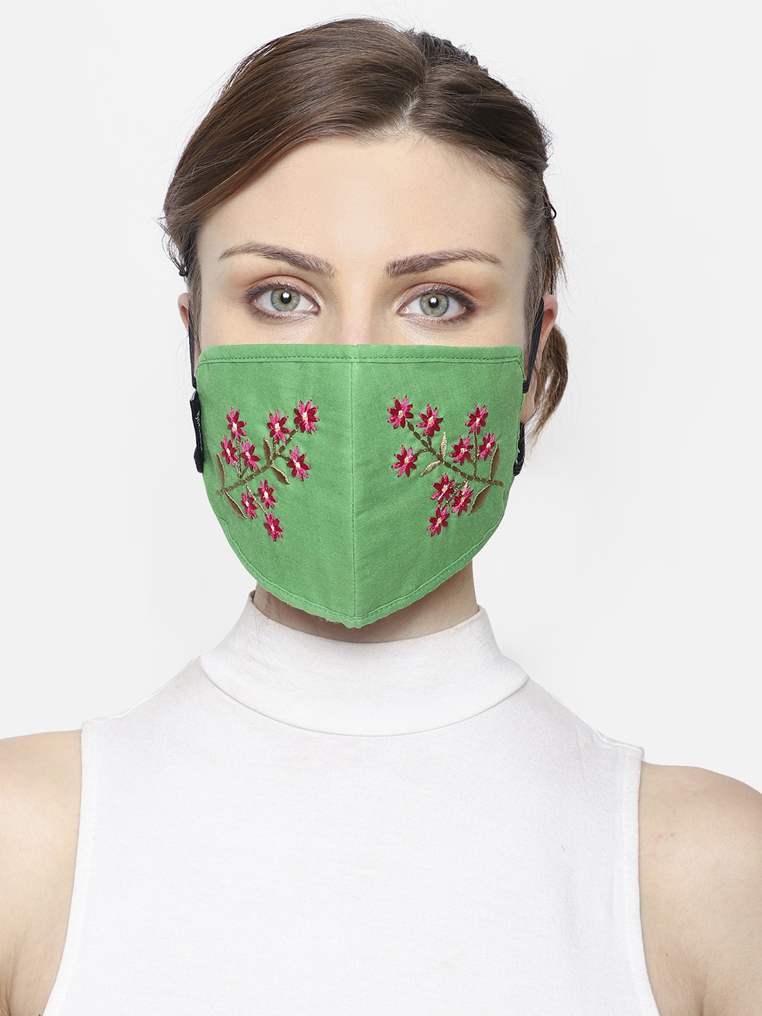 

Anekaant Women 3-Ply Green Floral Embroidered Cloth Mask
