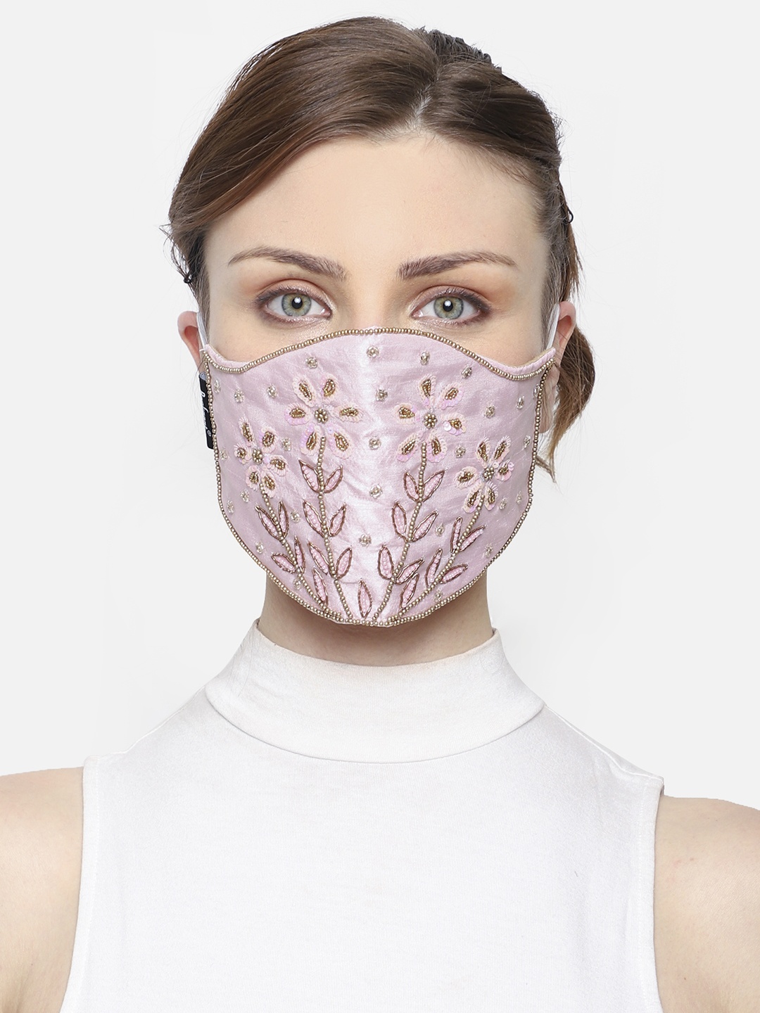 

Anekaant Women 3-Ply Pink & Gold Art Silk Embellished Cloth Mask