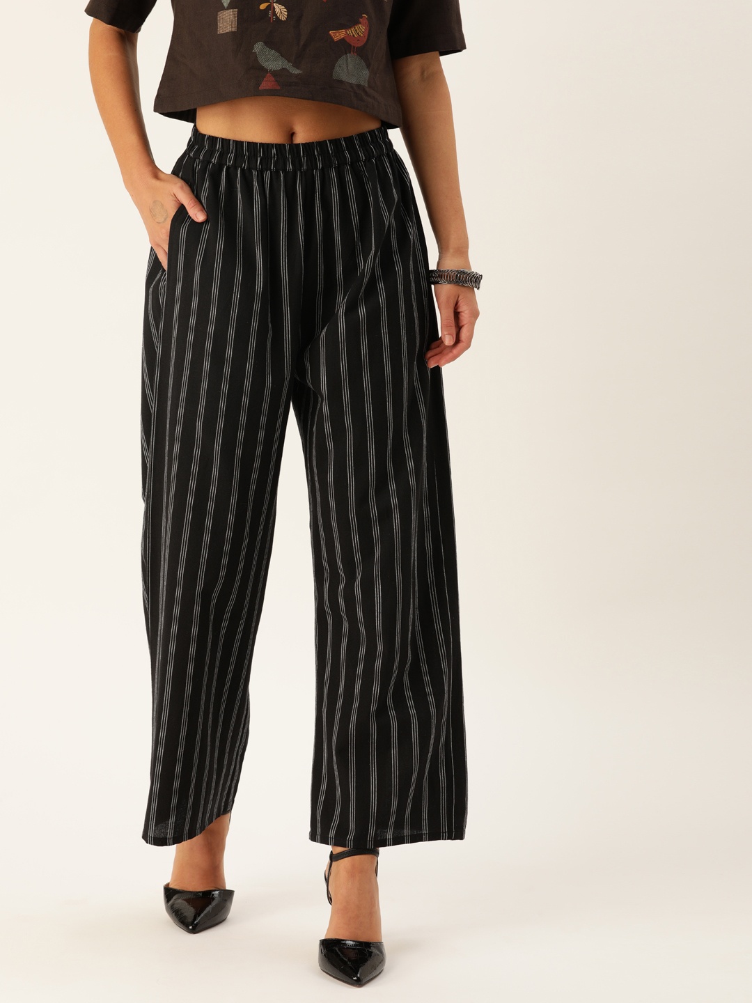 

Varanga Women Black & White Regular Fit Striped Parallel Trousers