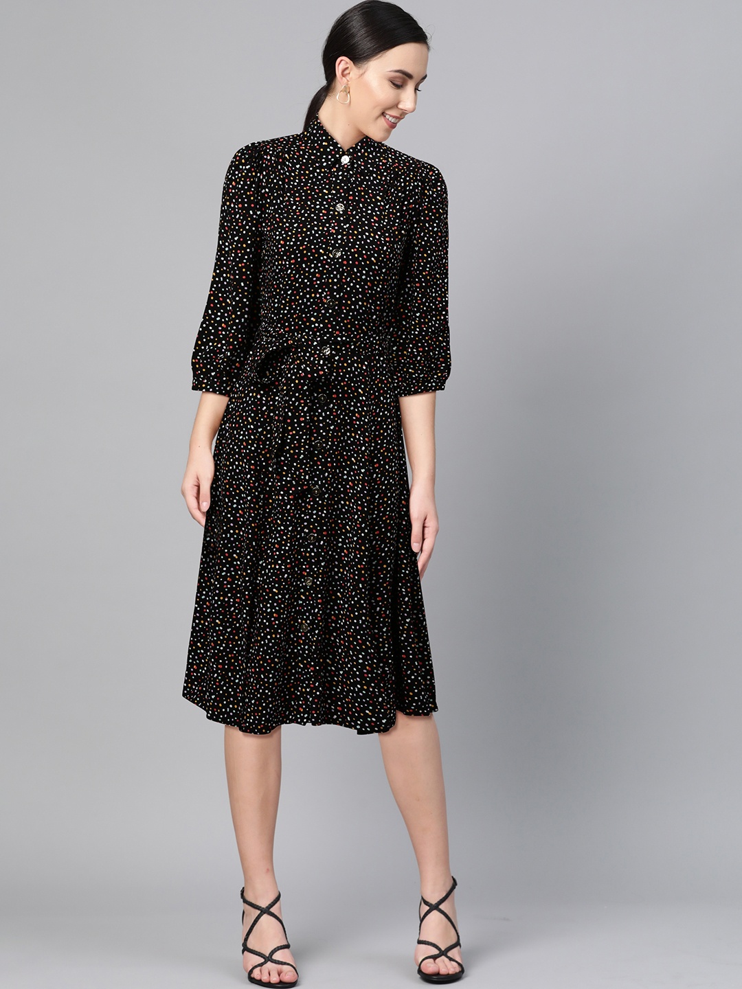 

DOROTHY PERKINS Women Black & Off-White Printed Shirt Dress
