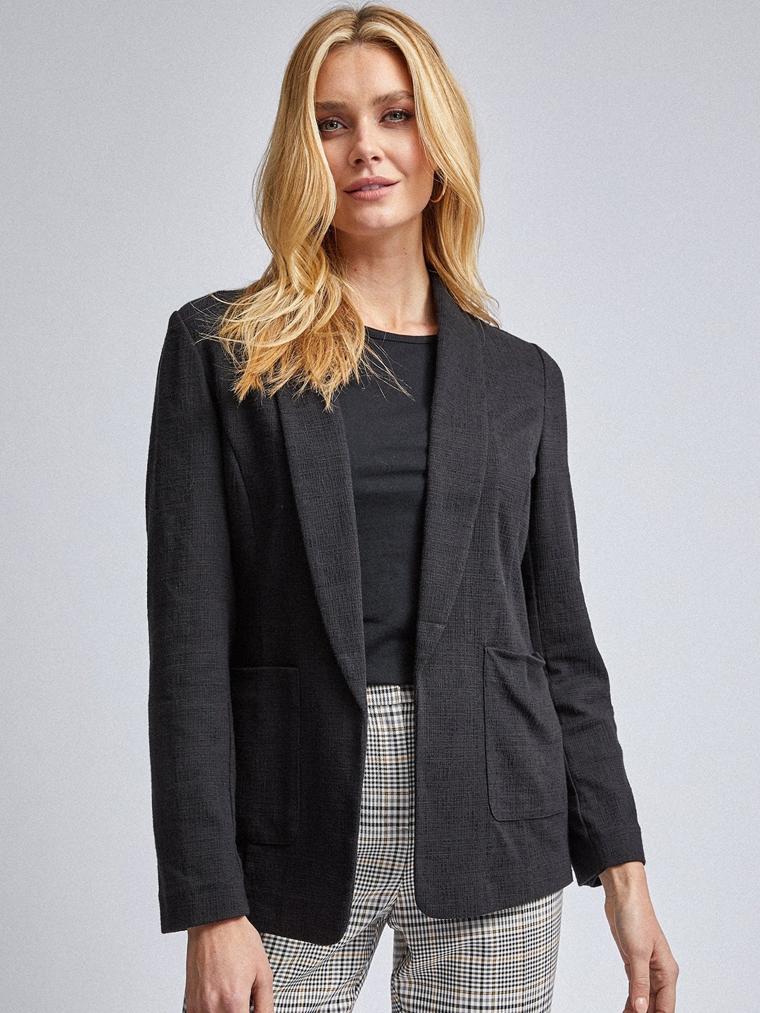 

DOROTHY PERKINS Women Black Regular Fit Self Design Single-Breasted Smart Casual Pure Cotton Blazer