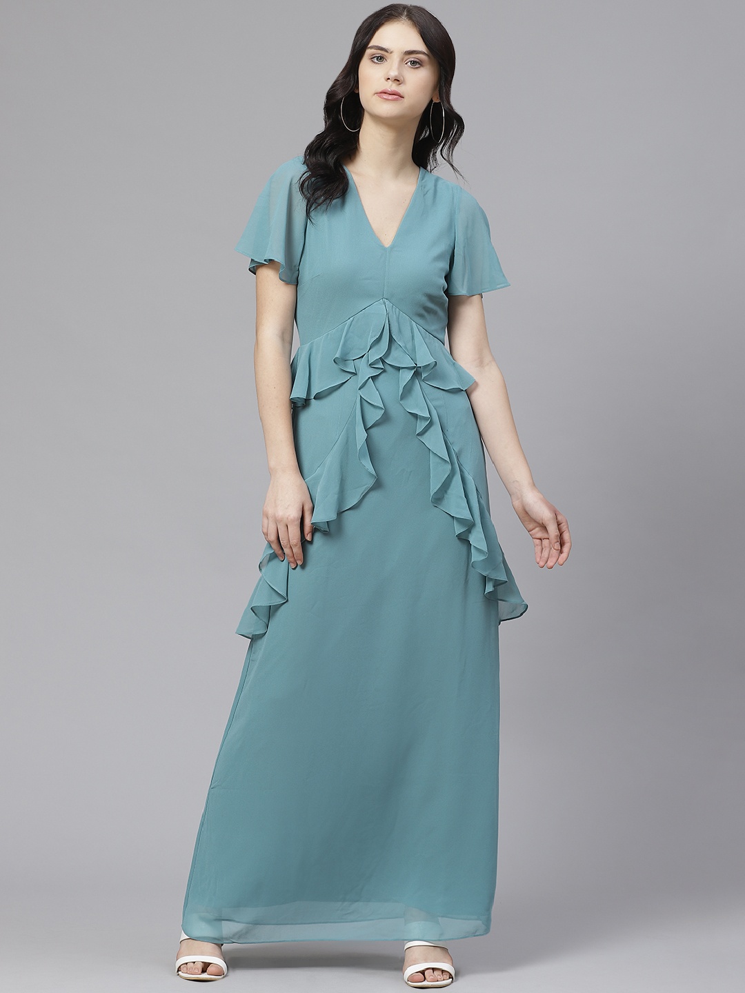 

DOROTHY PERKINS Women Sea Green Ruffled Solid Maxi Dress