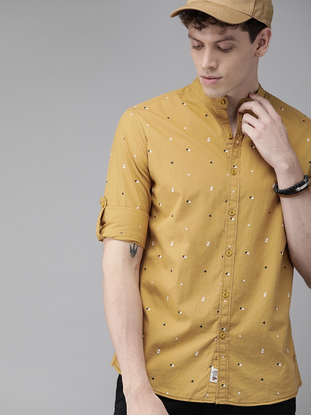 

Roadster Men Mustard Yellow & Black Regular Fit Printed Sustainable Casual Shirt