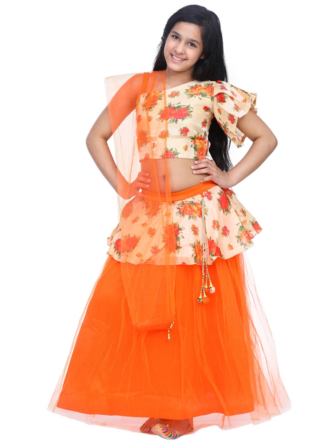 

ADIVA Girls Orange & Beige Printed Ready to Wear Lehenga & Blouse with Dupatta