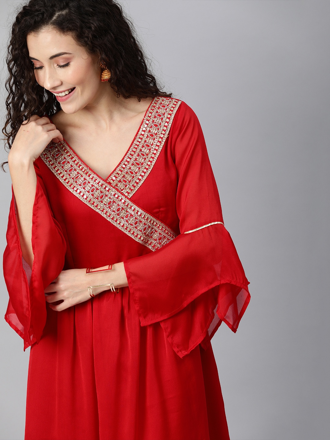 

Inddus Women Red Solid Maxi Dress with Embroidery