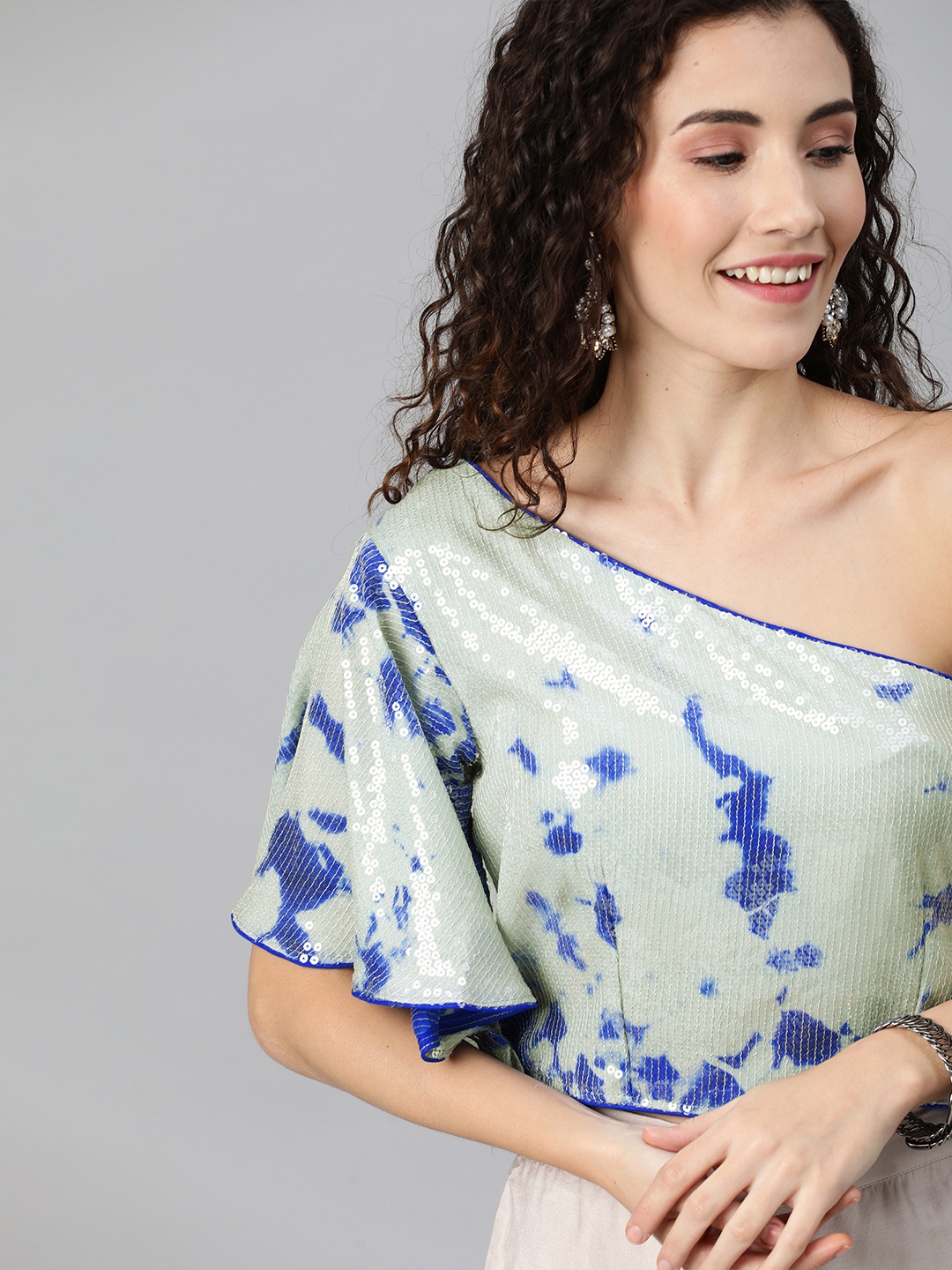 

Inddus Women Grey & Blue Dyed One Shoulder Cropped Top with Sequins