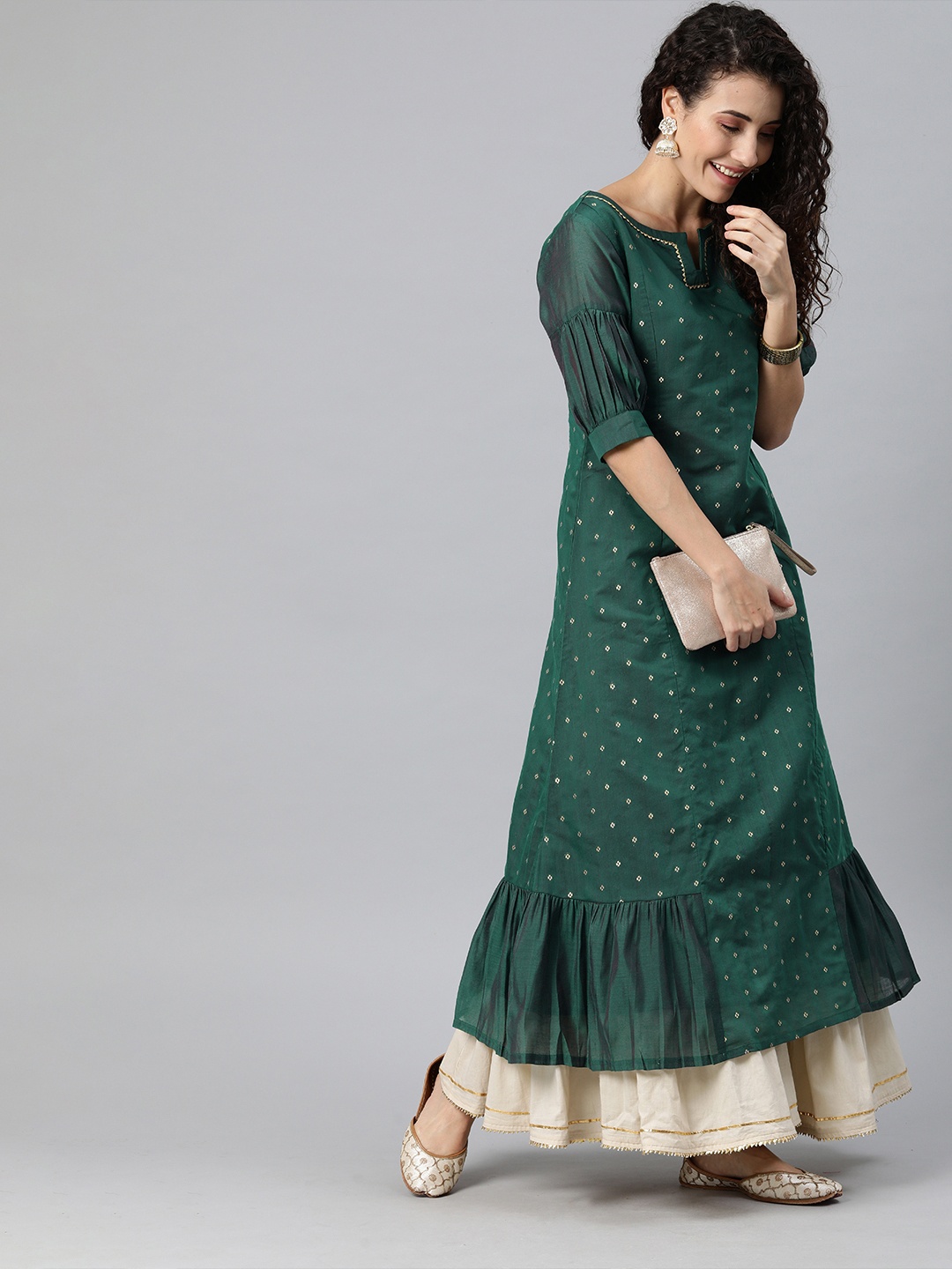 

Inddus Women Green & Golden Woven Design Gathered A-Line Kurta