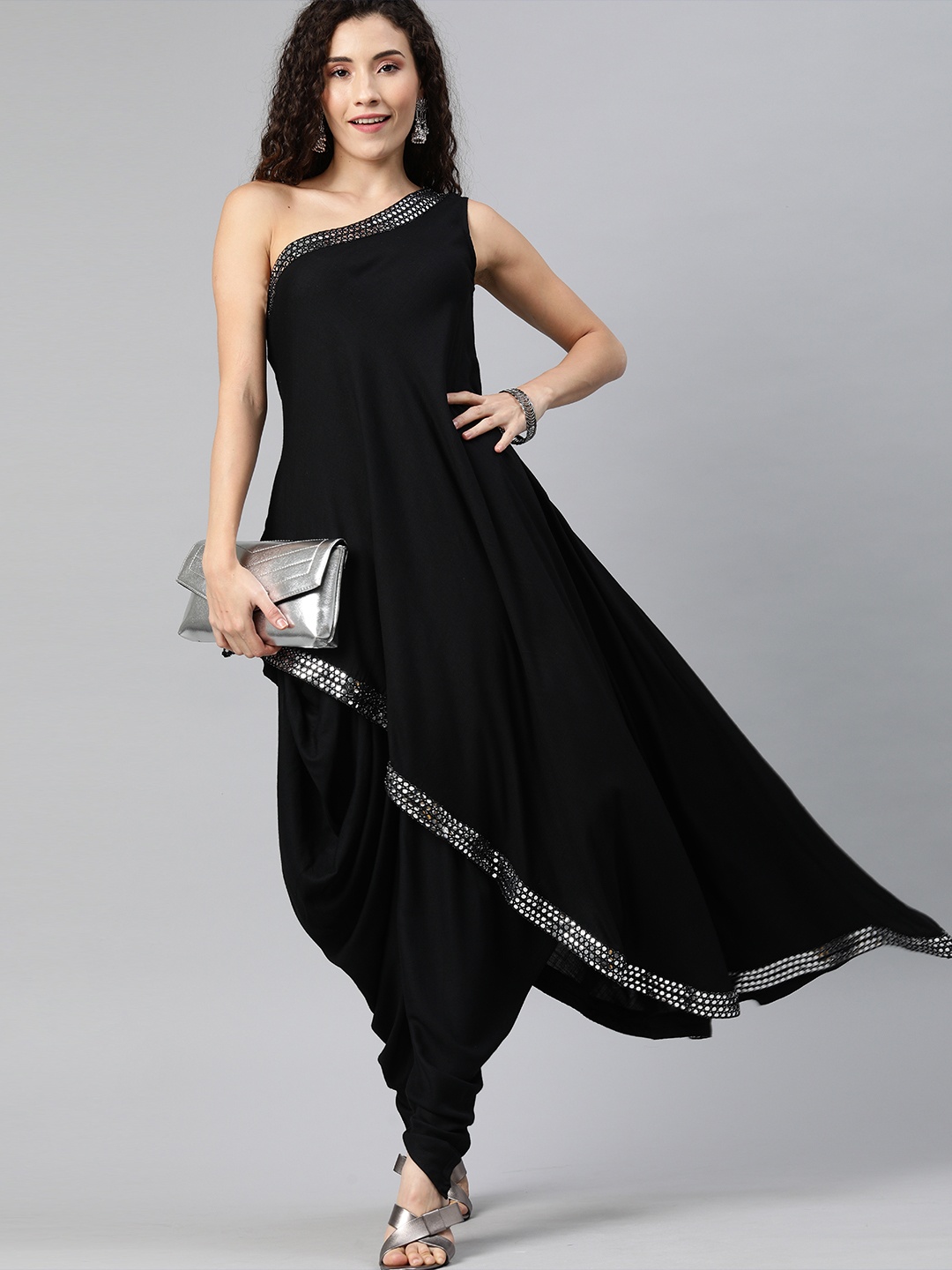 

Inddus Women Black Solid Mirror Work Kurta with Dhoti Pants
