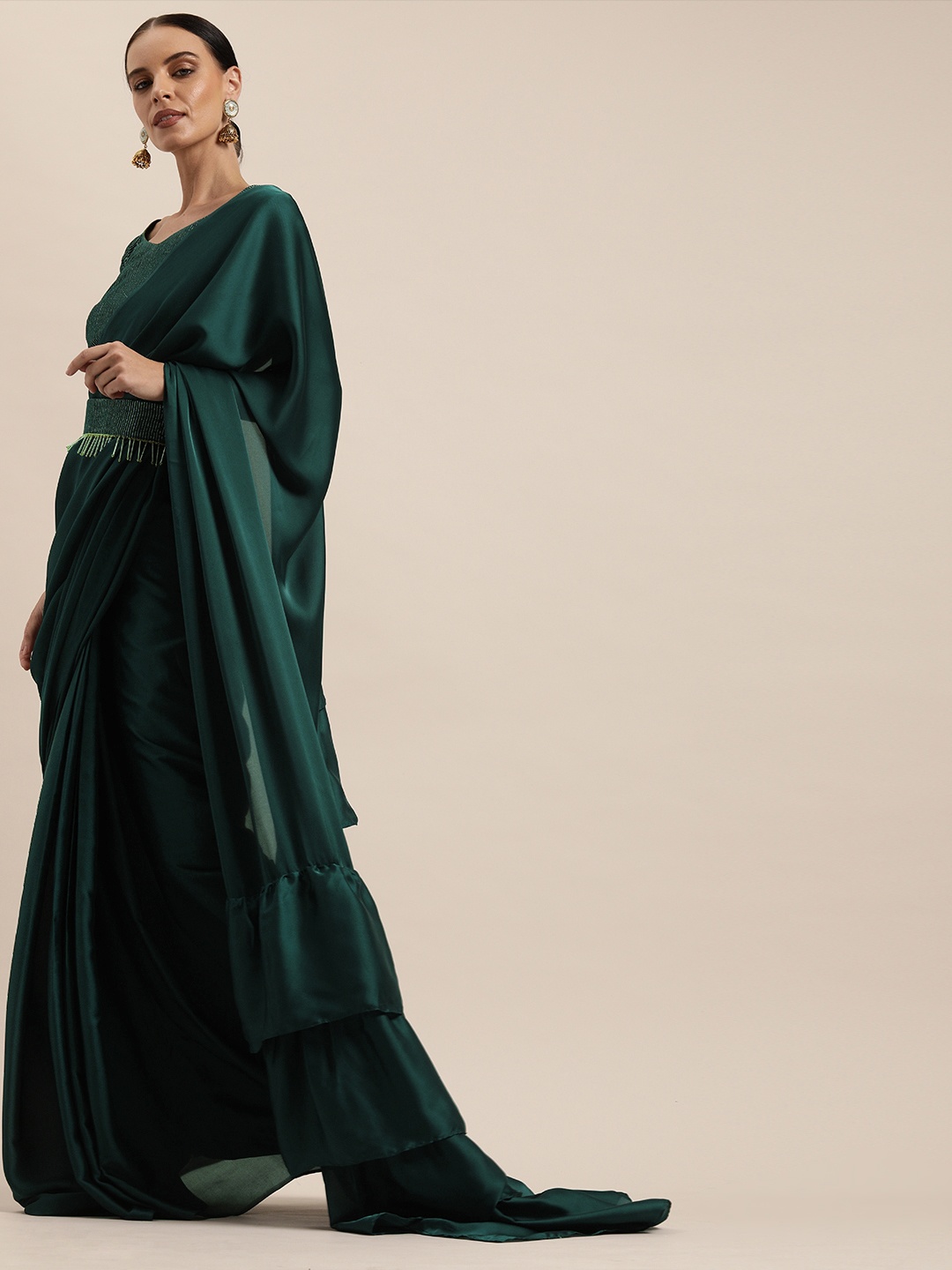 

Inddus Green Solid Satin Ruffled Ready to Wear Saree