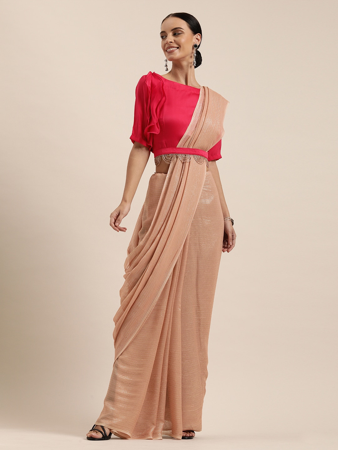 

Inddus Nude-Coloured Striped Pure Georgette Belted Saree