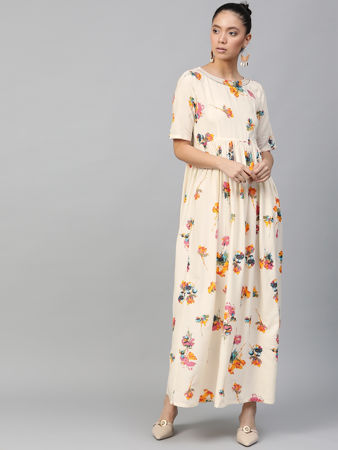 

Idalia Women Cream-Coloured & Orange Floral Print Maxi Dress