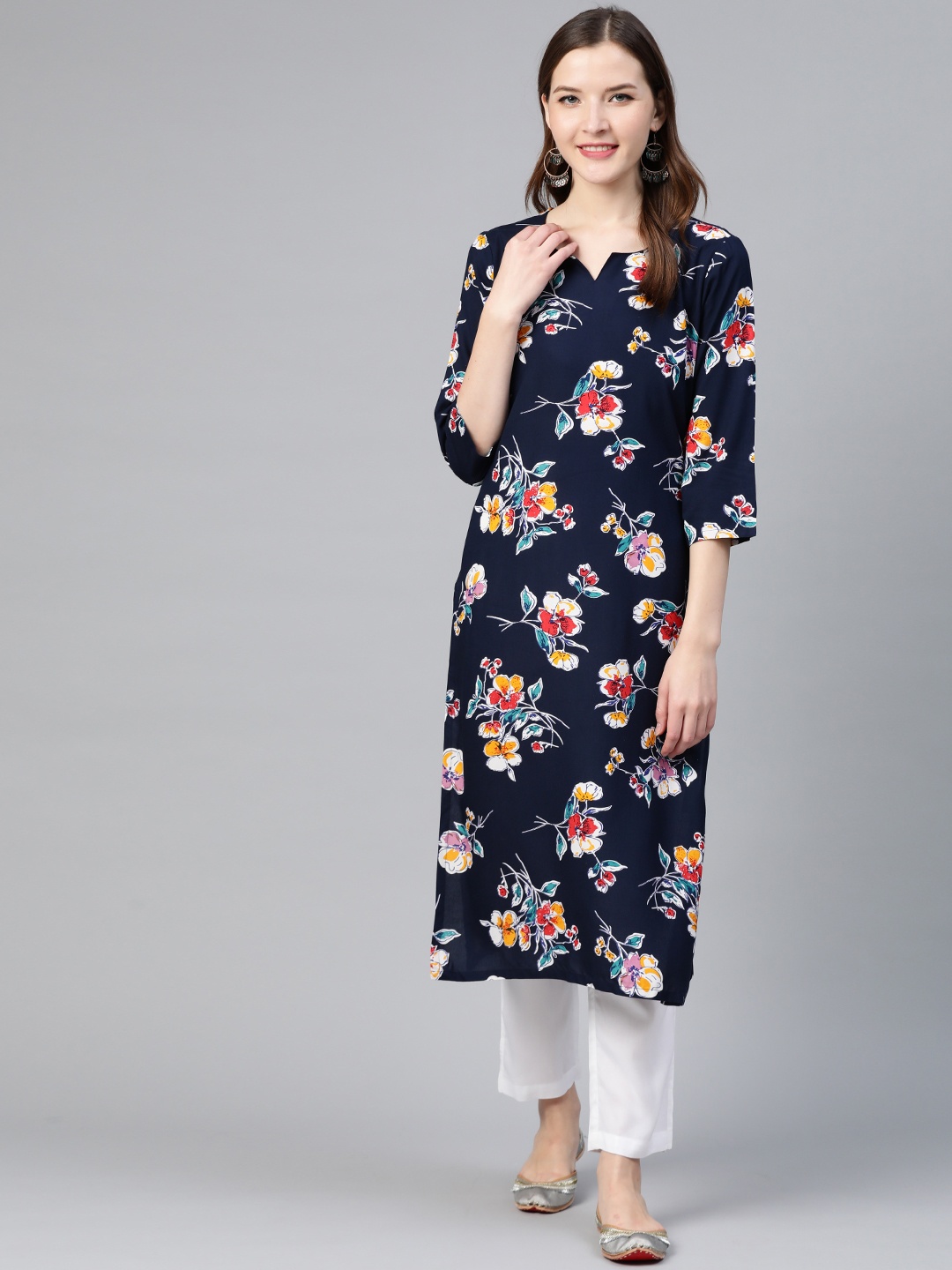

Idalia Women Navy Blue & White Floral Print Kurta with Trousers
