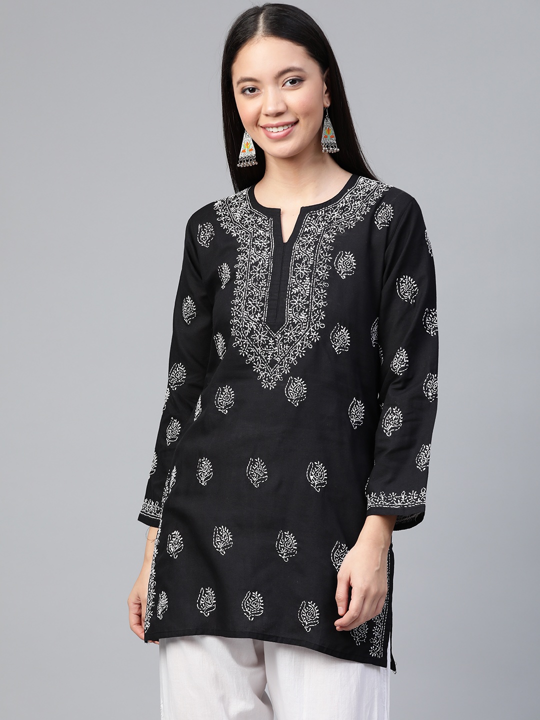 

ADA Women Black & White Chikankari Embroidered Pure Cotton Straight Kurti