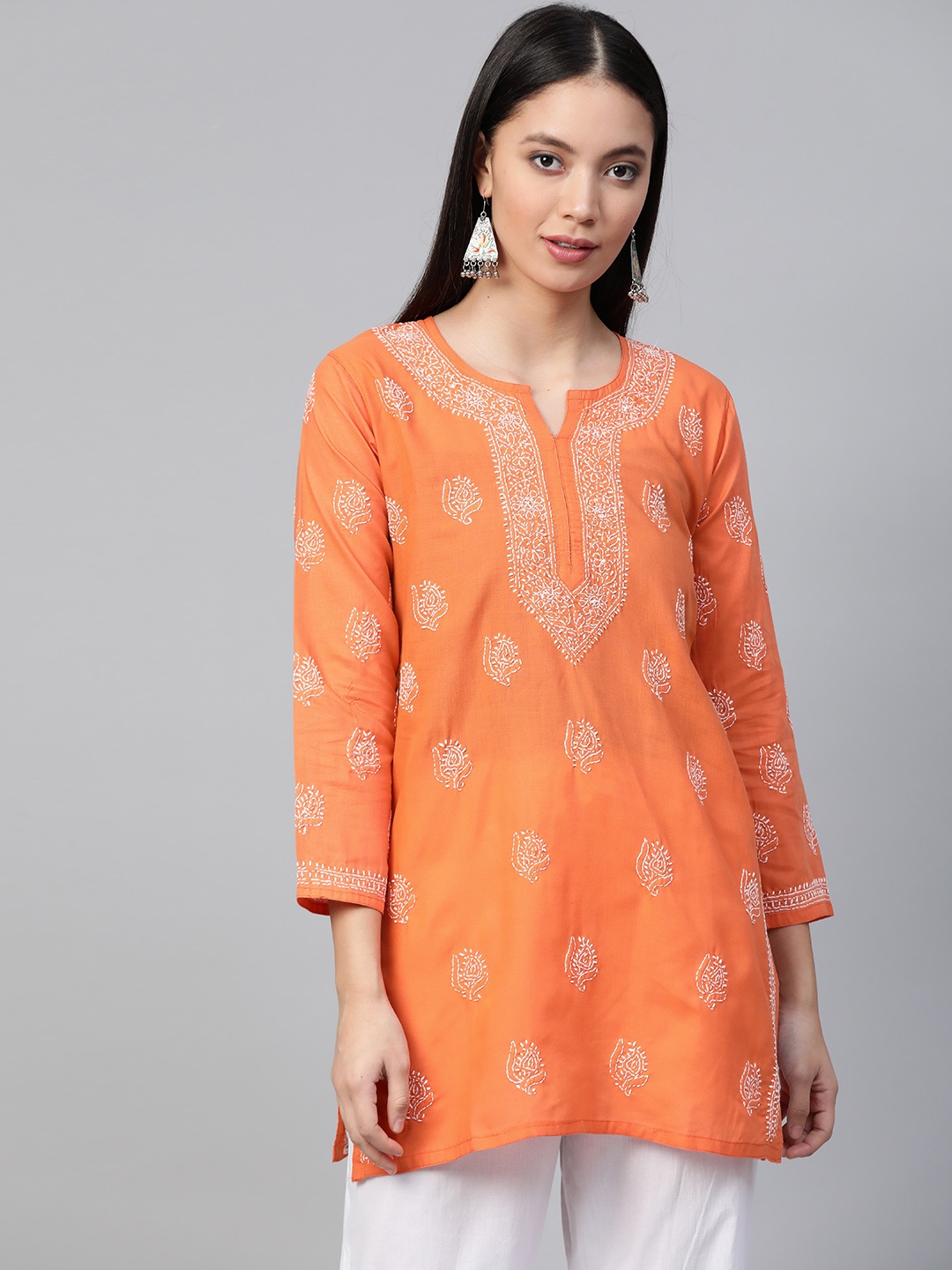 

ADA Women Rust Orange & White Chikankari Embroidered Pure Cotton Straight Sustainable Kurti