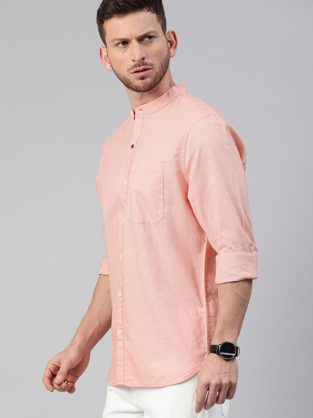 

WROGN Men Peach-Coloured Slim Fit Solid Casual Shirt