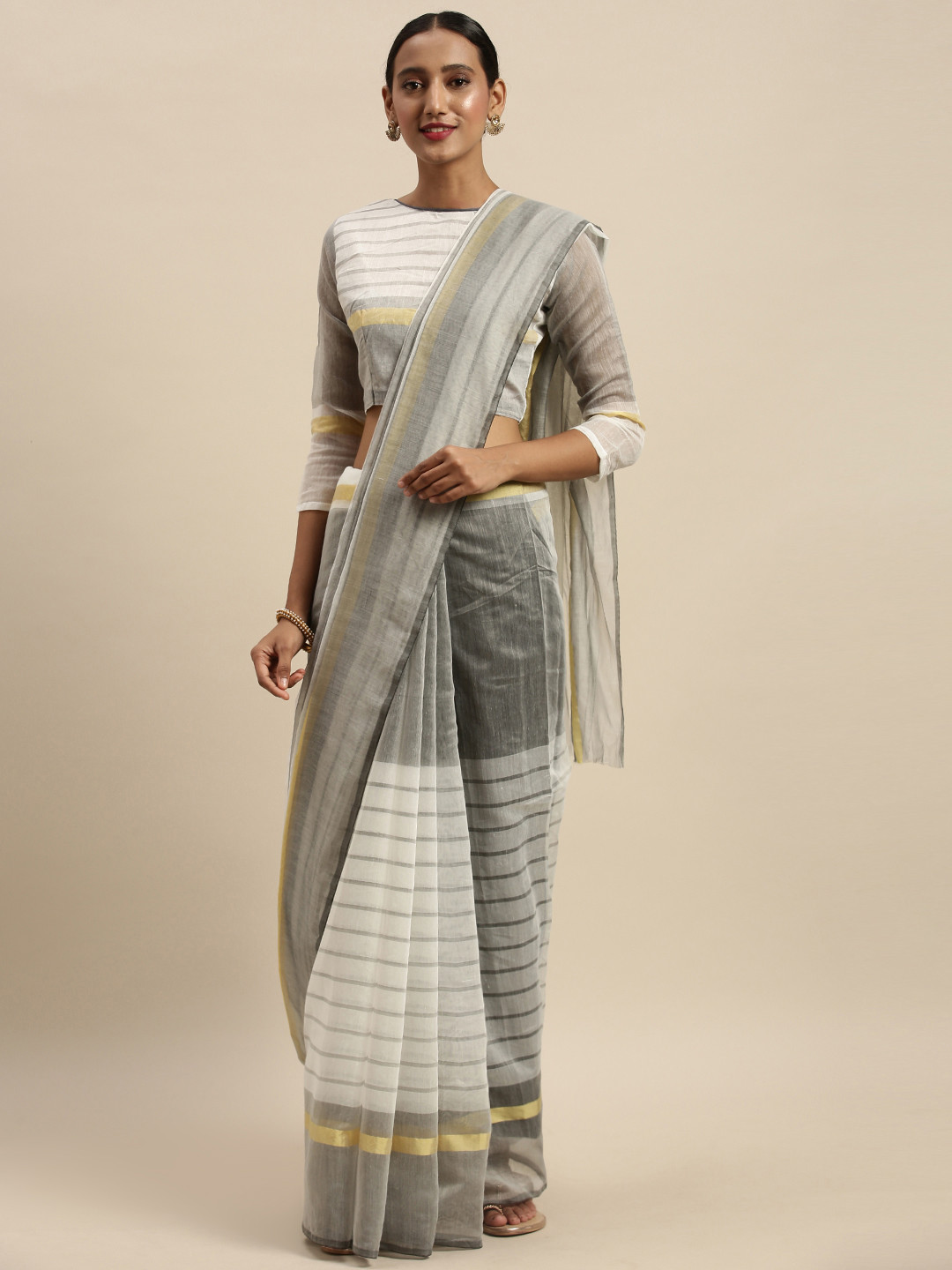 

Silk Bazar White & Grey Silk Cotton Striped Saree
