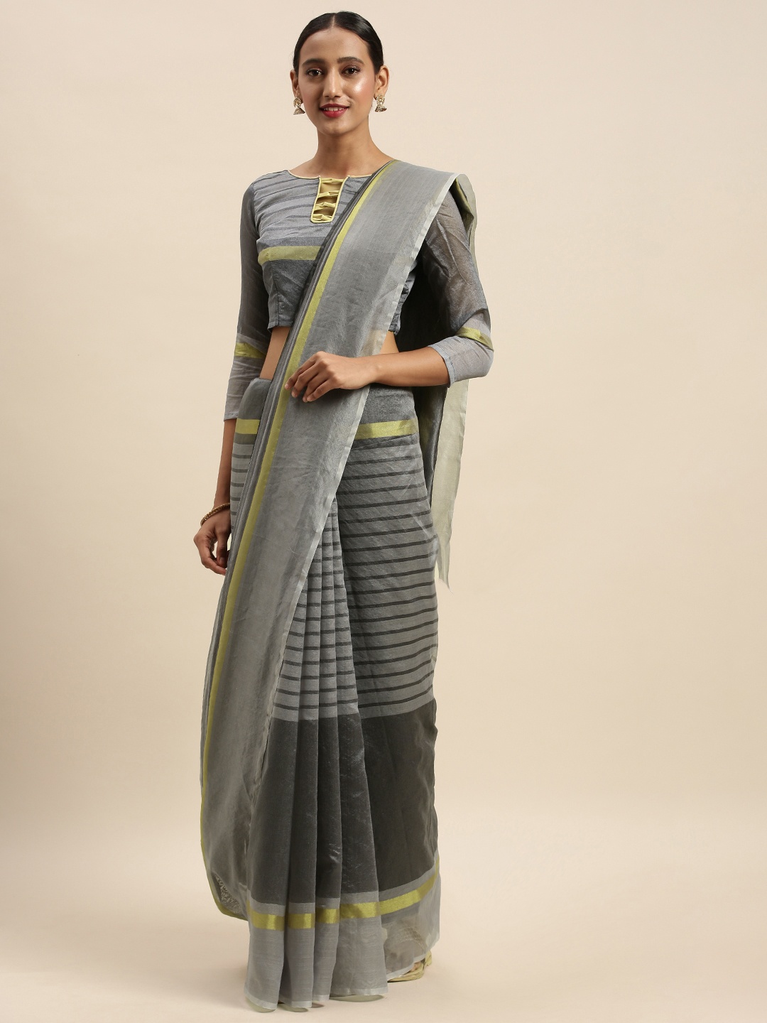 

Silk Bazar Grey & Black Silk Cotton Striped Saree