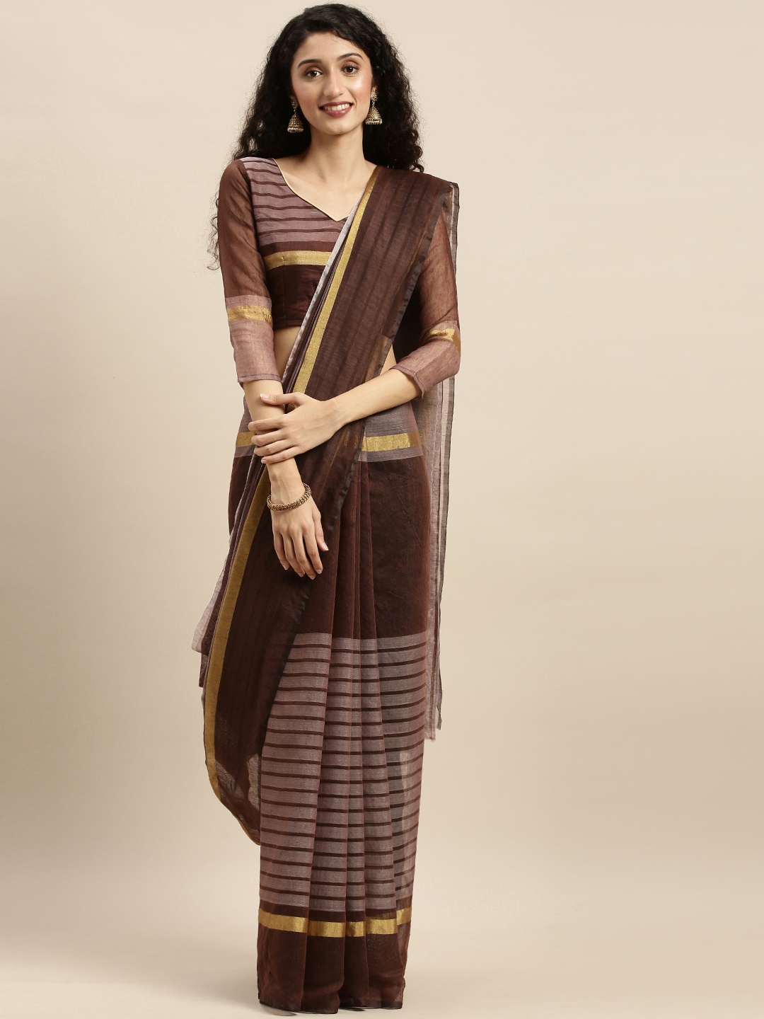 

Silk Bazar Coffee Brown Striped Silk Cotton Saree