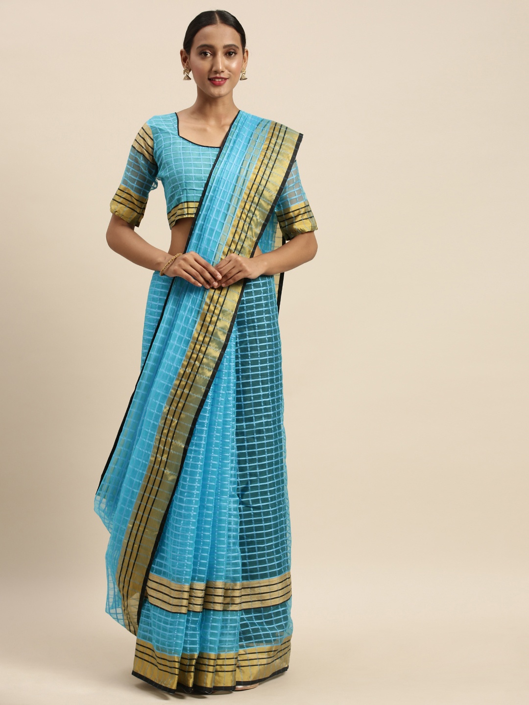 

Silk Bazar Blue Checked Silk Cotton Saree