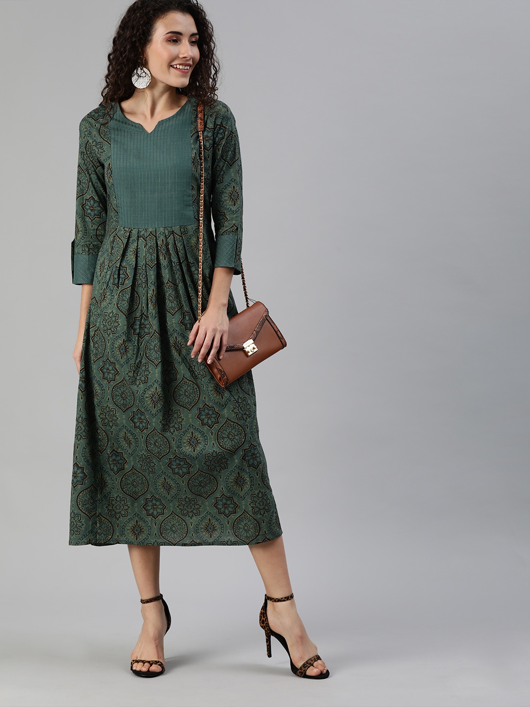 

Indo Era Women Green & Black Ethnic Printed Gathered A-Line Dress