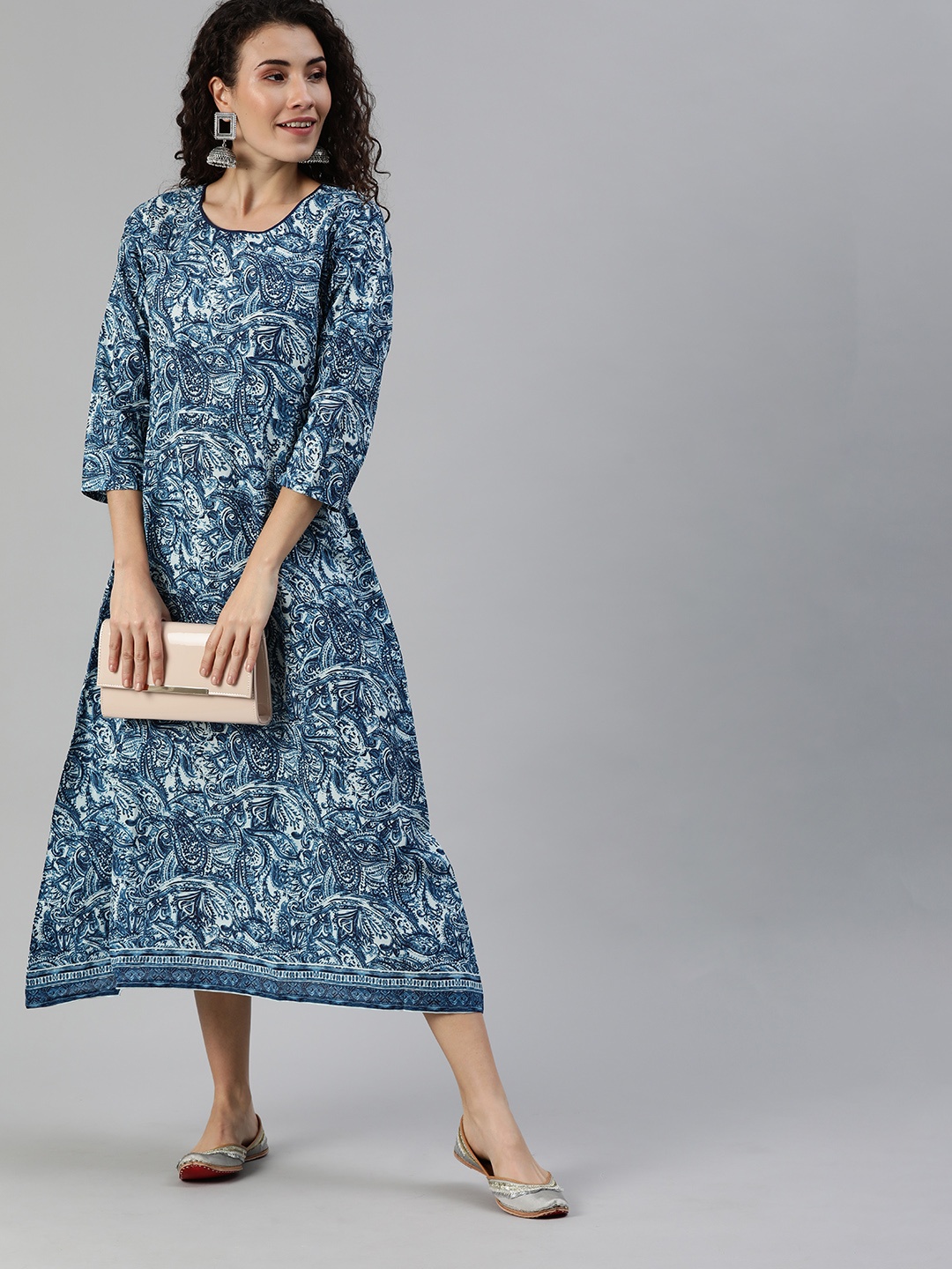 

Indo Era Women Blue & White Paisley Printed A-Line Dress