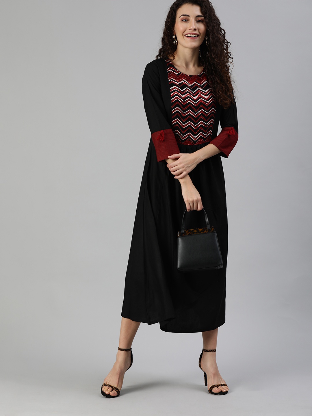 

Indo Era Women Black & Red Yoke Printed Gathered A-Line Dress