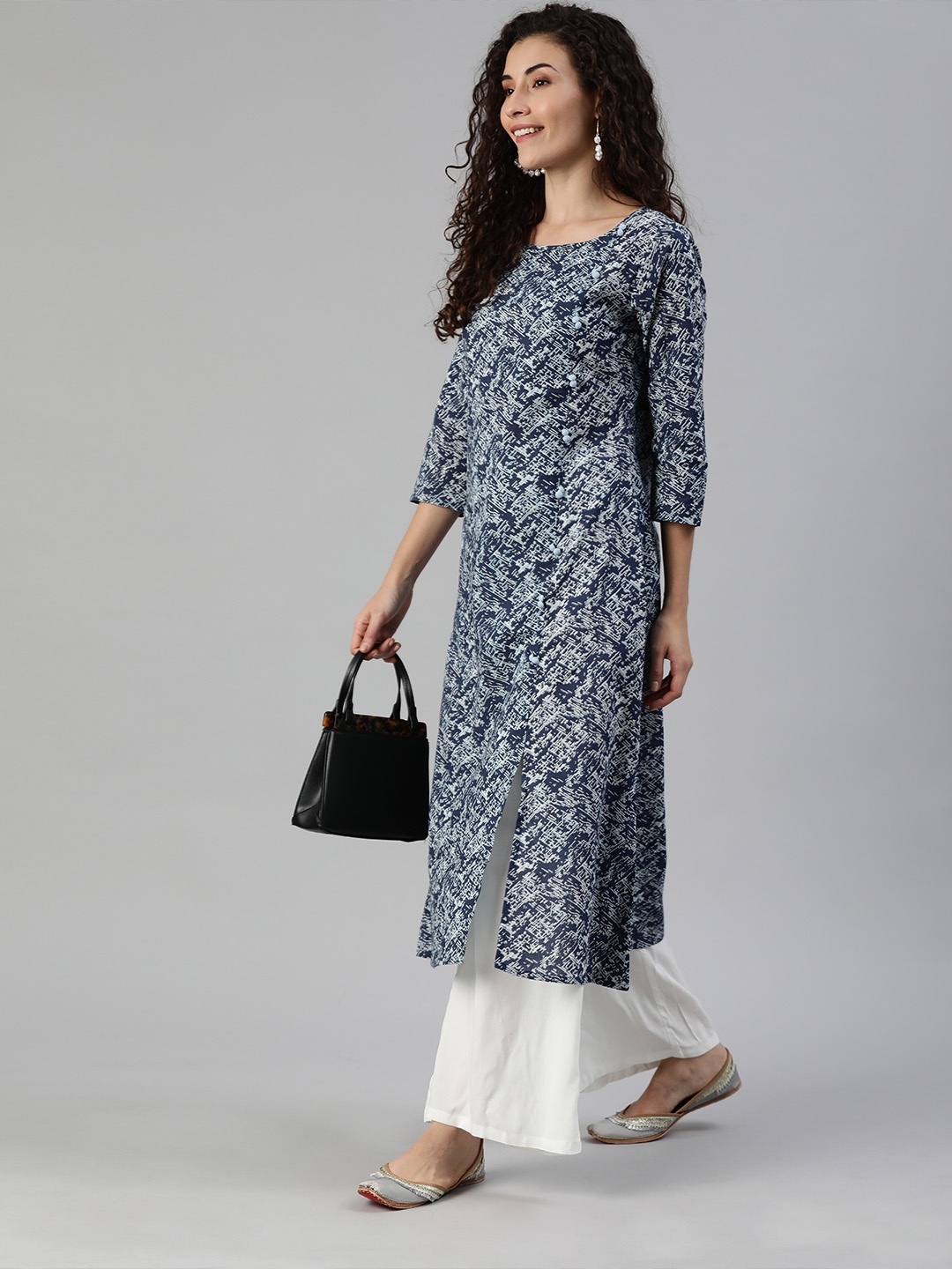 

Indo Era Women Blue & White Printed A-Line Kurta