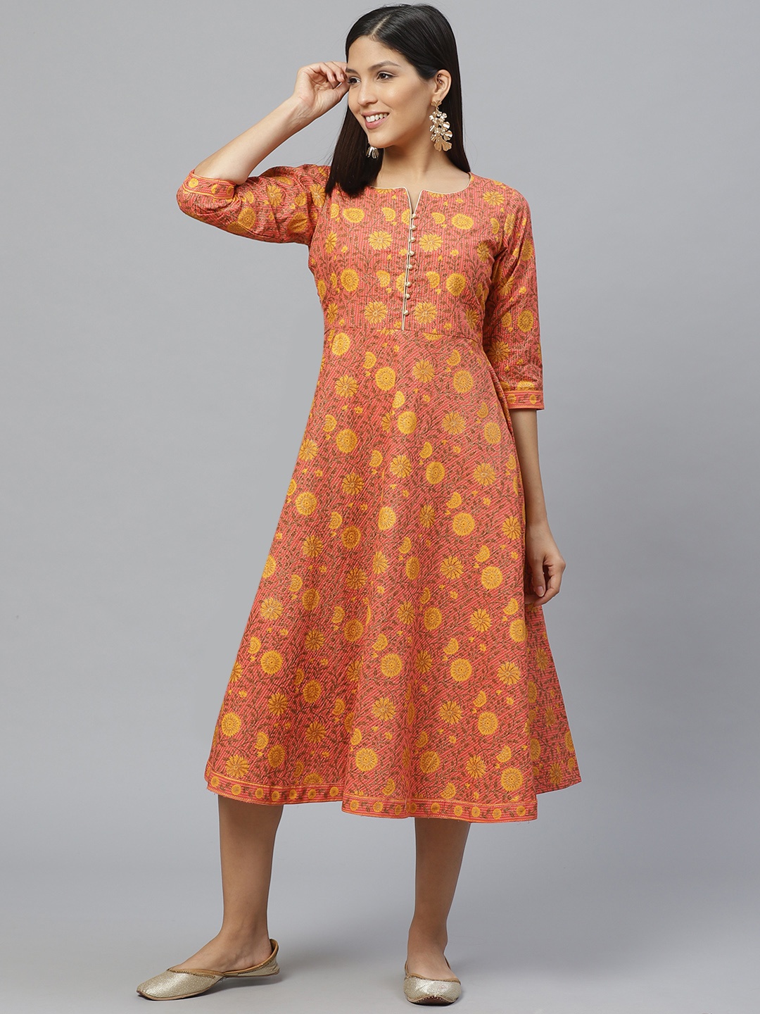 

Libas Women Coral Orange & Yellow Floral Print Fit and Flare Dress