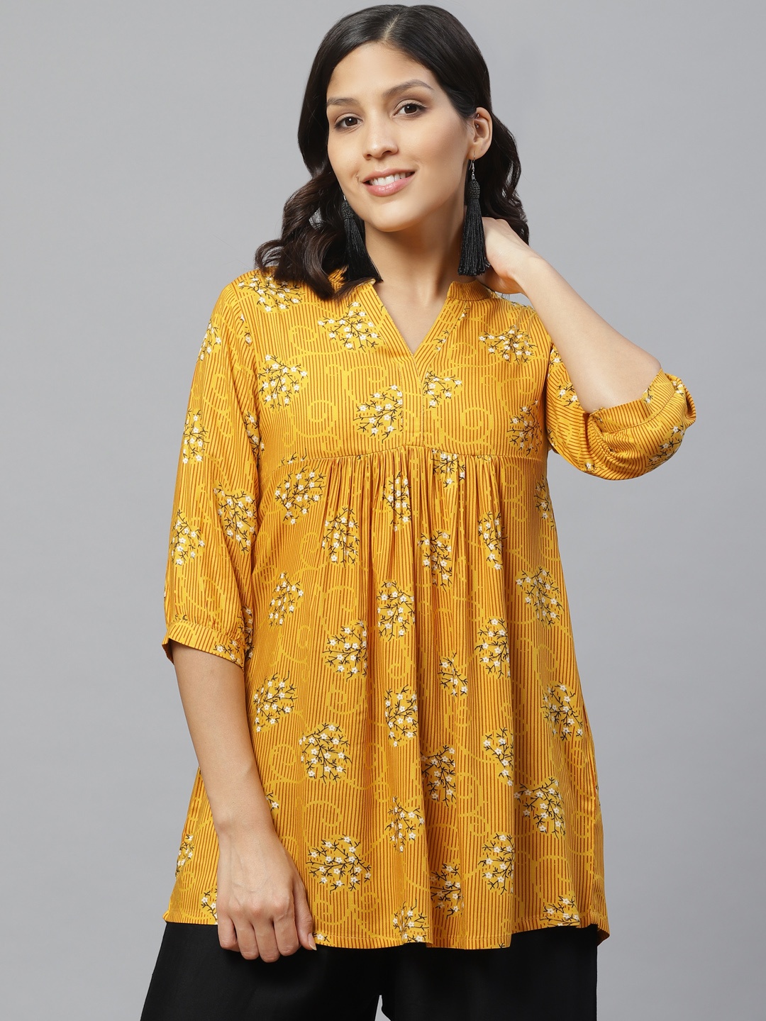 

Libas Women Mustard Yellow Floral Print A-Line Kurti