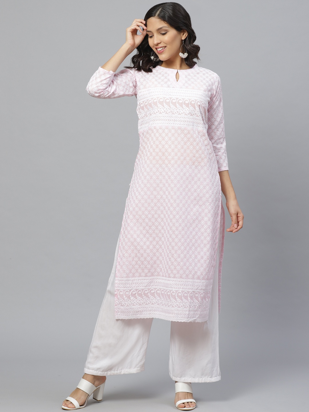 

Libas Women Pink & White Embroidered Straight Kurta