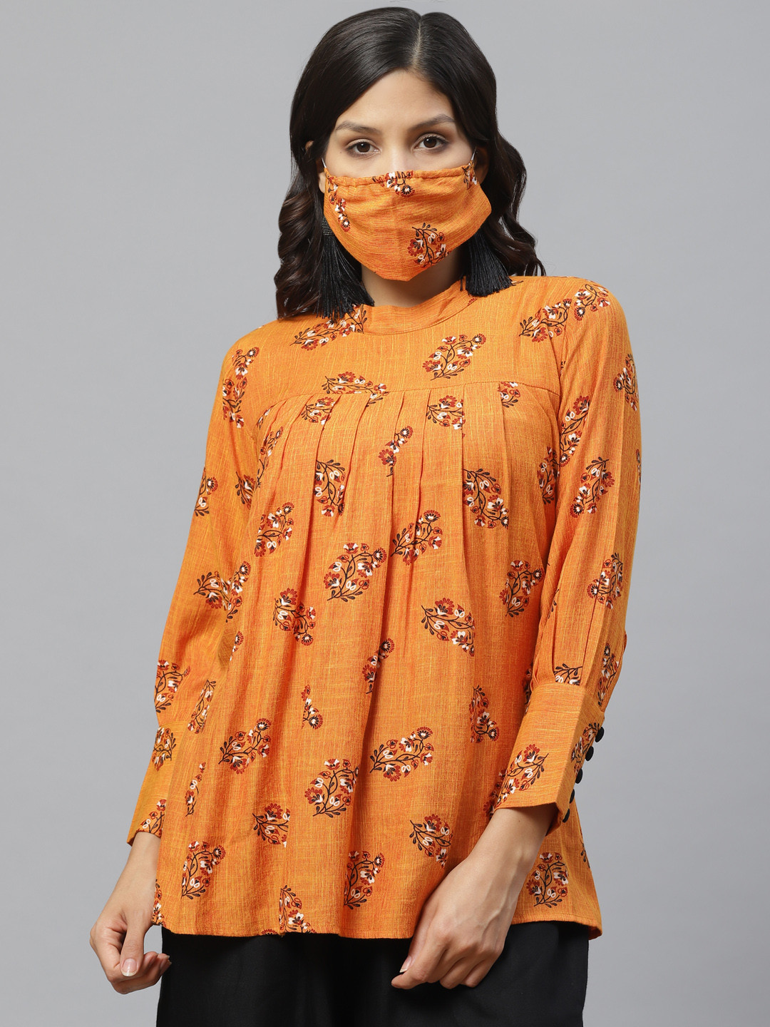 

Libas Women Orange Floral Print A-Line Kurti with Rayon Mask