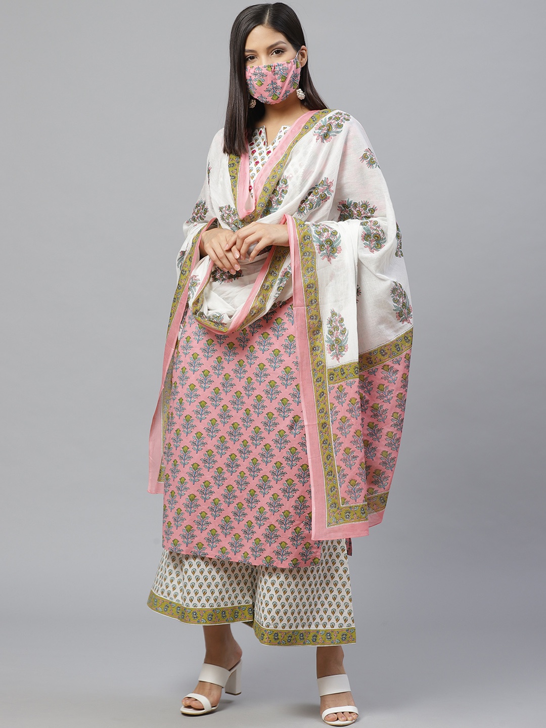 

Libas Women Pink White Printed Kurta Set With Dupatta