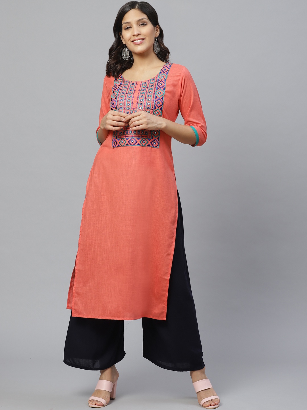 

Libas Women Pink & Blue Yoke Design Straight Kurta