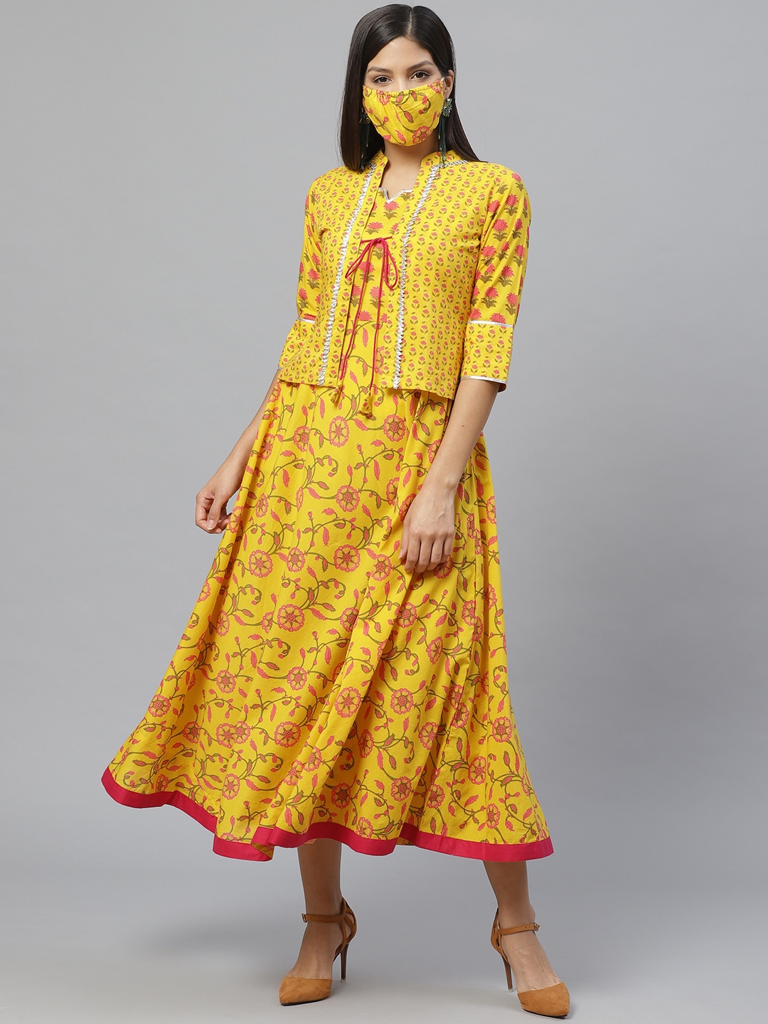 

Libas Women Mustard Yellow Pink Printed Maxi Dress