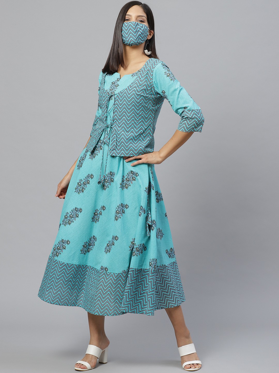

Libas Women Blue Green Printed A-Line Dress