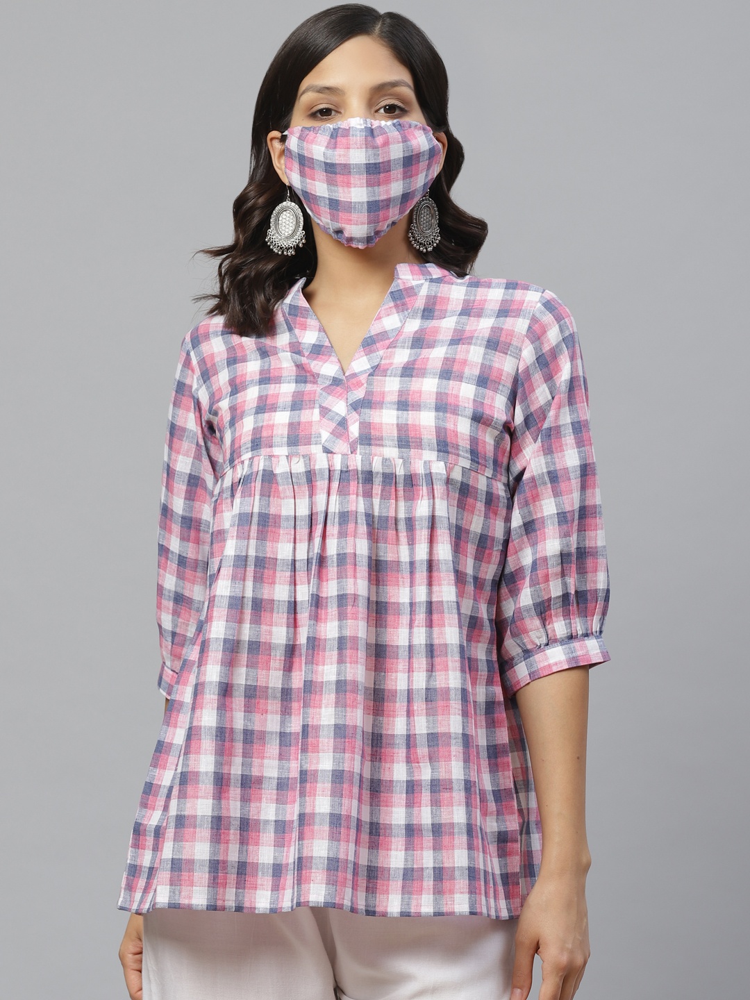 

Libas Women Pink White Checked A-Line Kurti