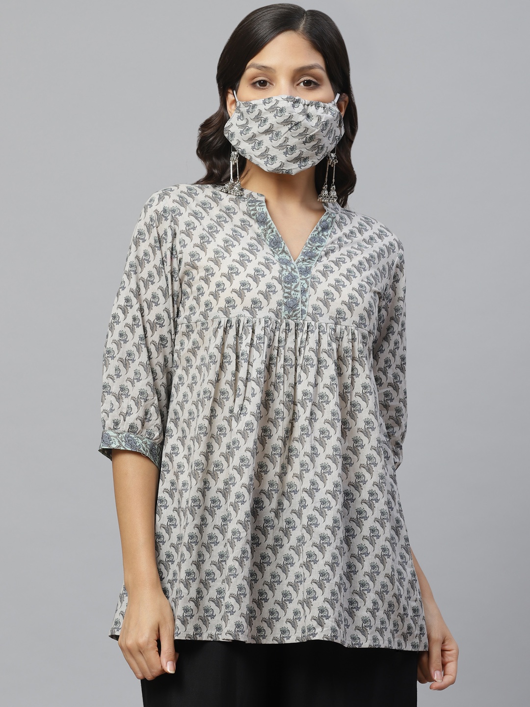 

Libas Women Grey Ethnic Print Pure Cotton A-Line Kurti