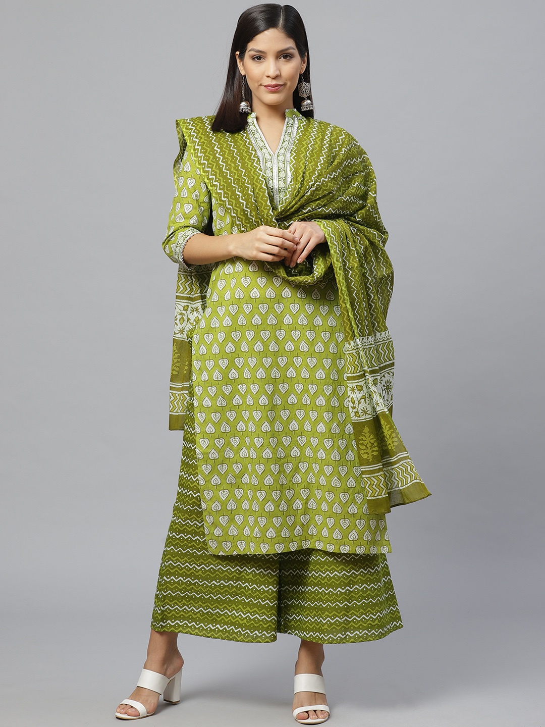 

Libas Women Green & White Printed Kurta with Palazzos & Dupatta