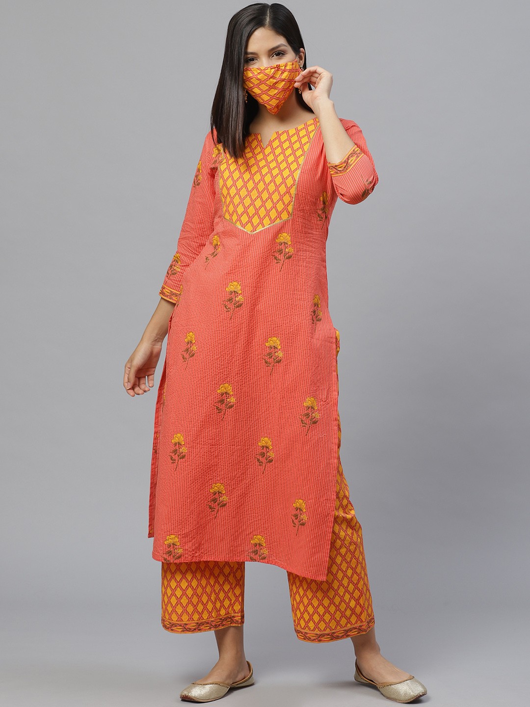 

Libas Women Pink Yellow Printed Kurta with Palazzos