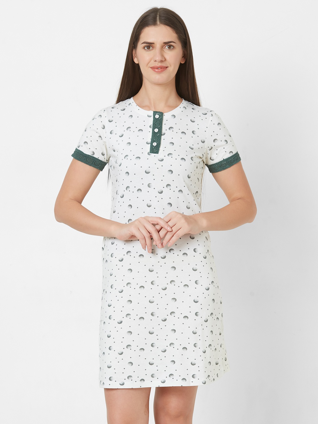 

Sweet Dreams Off-White & Green Printed Nightdress