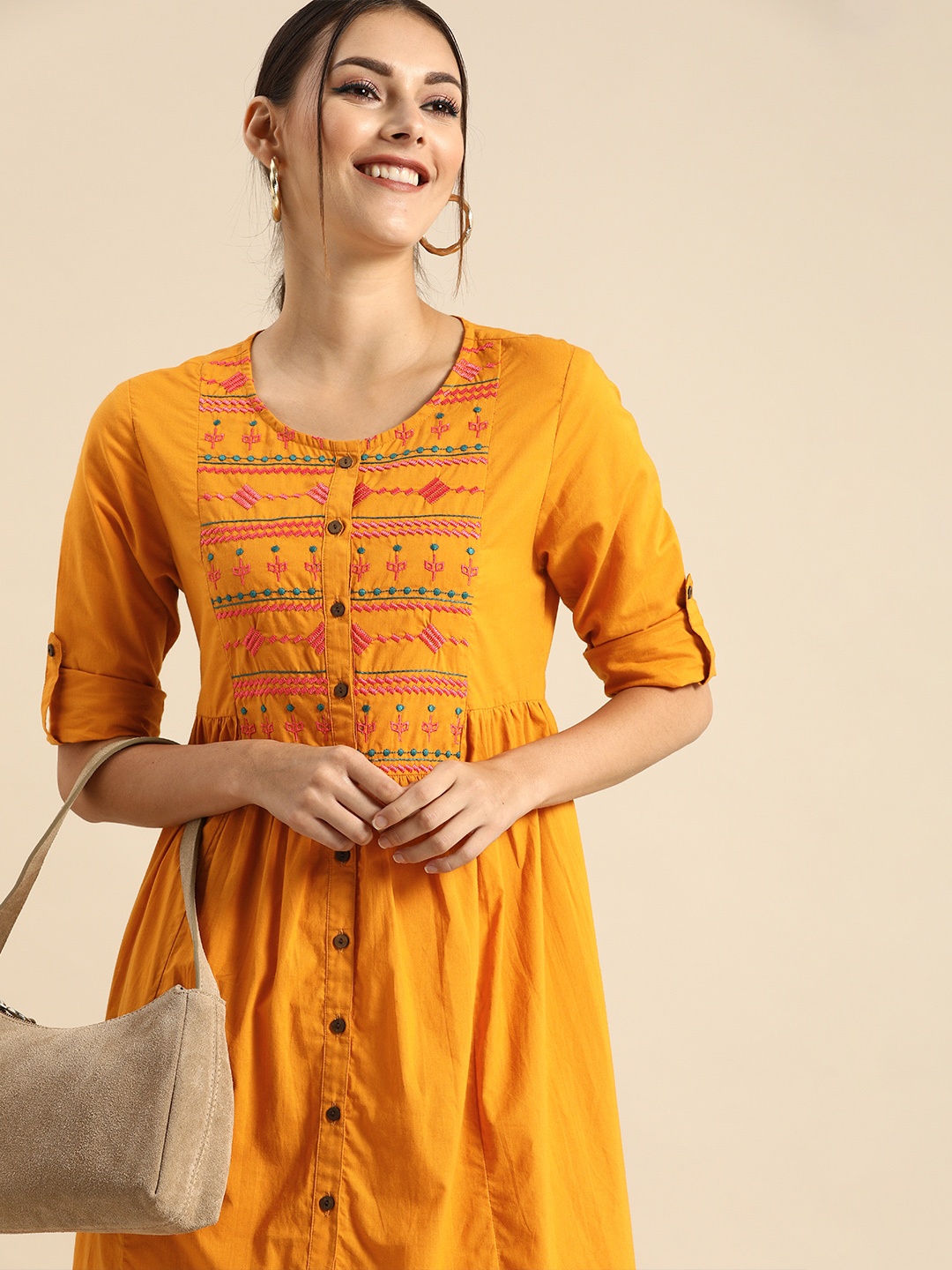 

Anouk Mustard Yellow Embroidered Pleated Pure Cotton A-Line Dress