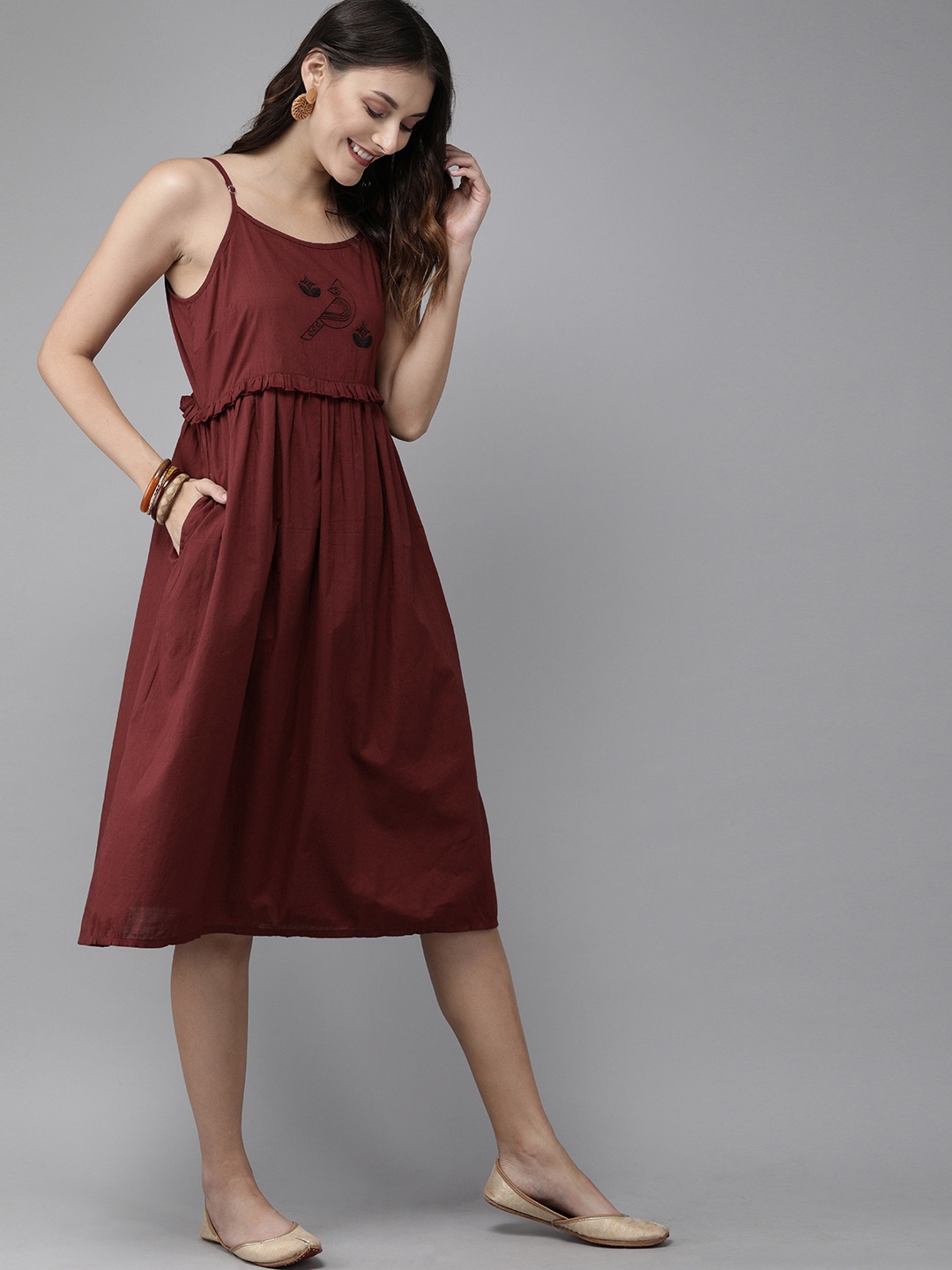 

Anouk Maroon Gathered Pure Cotton A-Line Dress with Thread Work